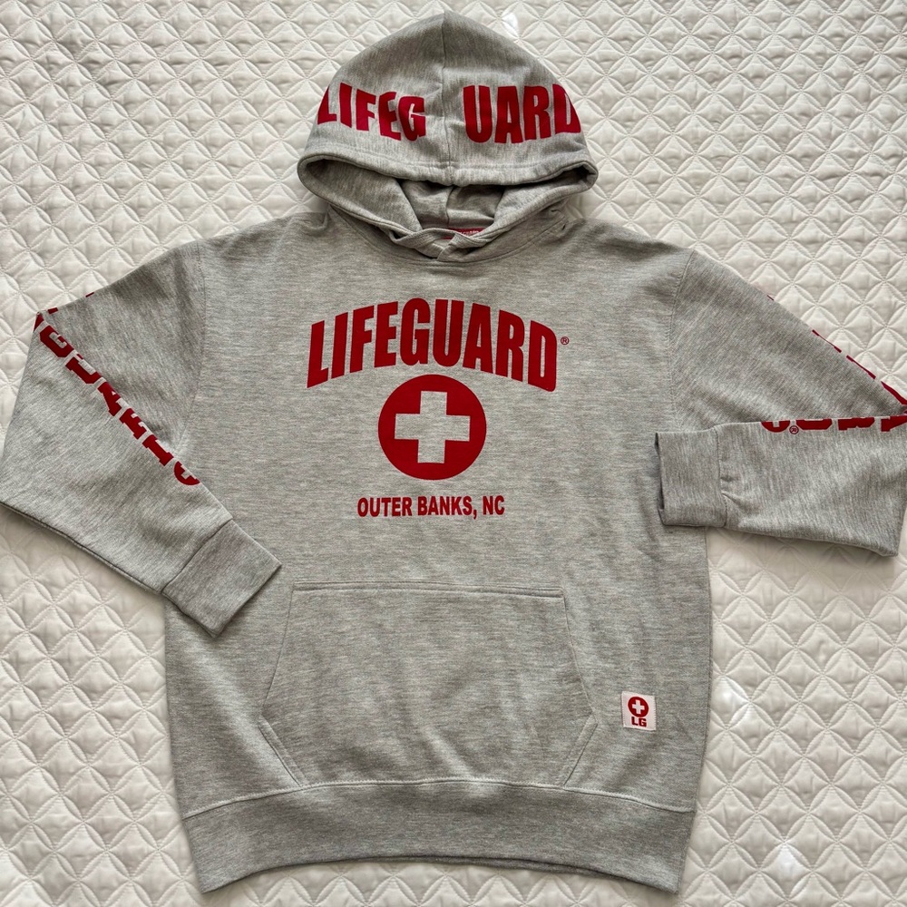 Lifeguard Outer Banks NC Pullover Hoodie Sweatshirt Gray w/Red Print Size M